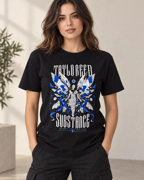 Model wearing the black Become Your Own Form graphic T-shirt, shown from the front with blue-and-white artwork.