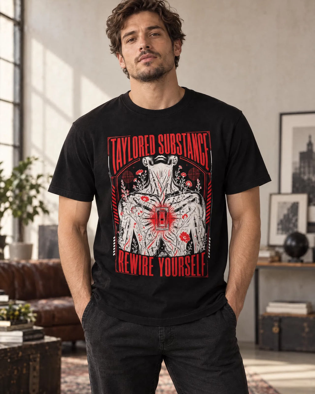 Model wearing the black Rewire Yourself T-shirt with red, white and monochrome front artwork.