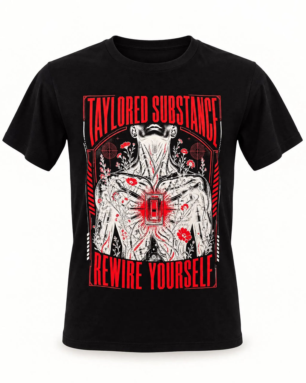 Front product view of the black Rewire Yourself T-shirt with red, white and monochrome artwork.