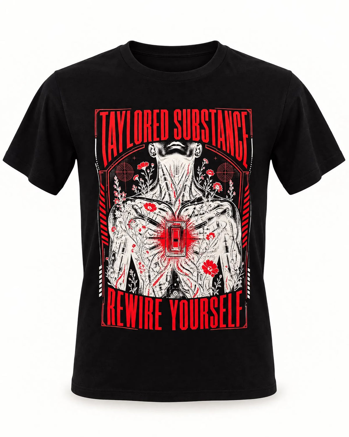 Front product view of the black Rewire Yourself T-shirt with red, white and monochrome artwork.