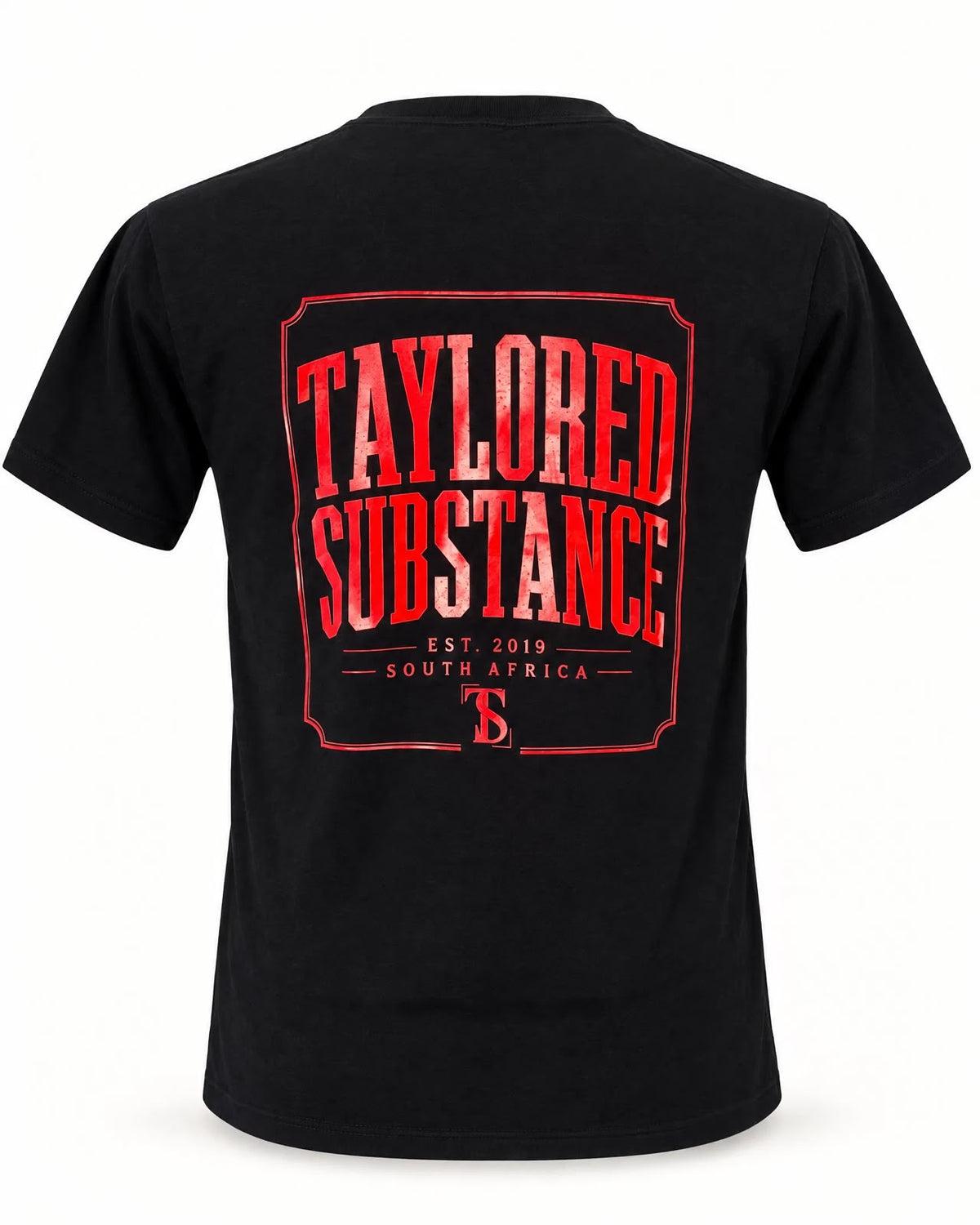 Back view of the black T-shirt with the red Taylored Substance Est. 2019 South Africa print.