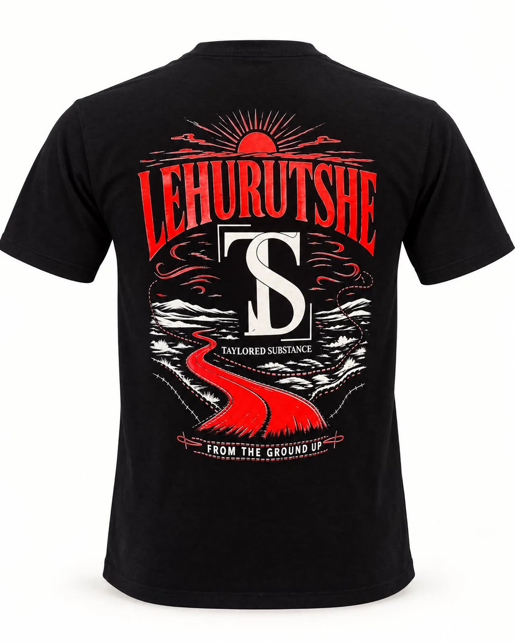 Back product view of the black T-shirt with a red-and-white landscape and Taylored Substance TS monogram.