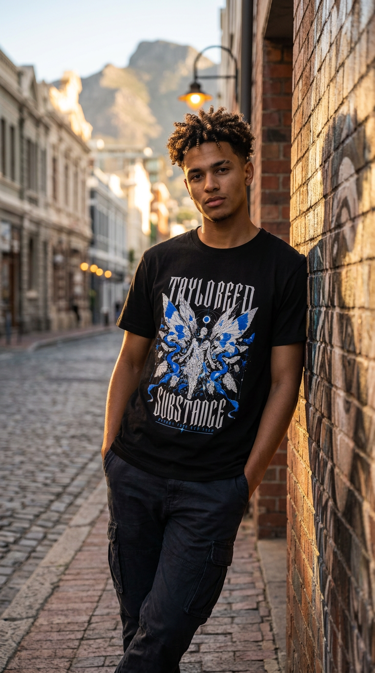 Model wearing the black Become Your Own Form graphic T-shirt on a city street at golden hour (styled lifestyle image).